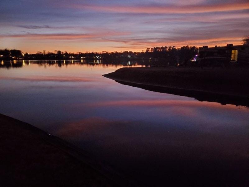 Dawn waterfront view at Venice On The Lake RV Park